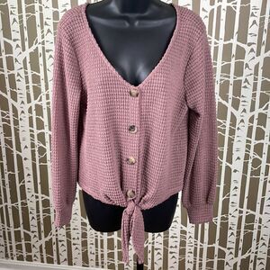 Blu Pepper mauve pink waffle knit tie front sweater with button accents sz S